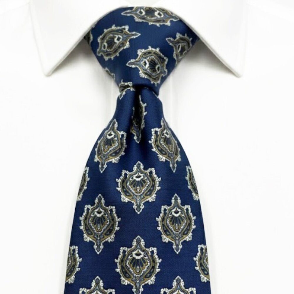 Vtg Eaton's Silk Tie Blue Gold Ornate Medallion Paisley Pattern Made In Canada